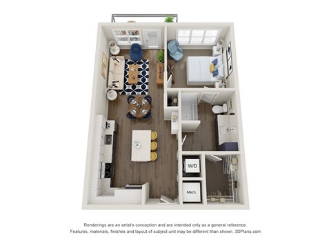 Floor plan for 1 bed, 1 bath, 744 sqft